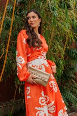 Alina Midi Dress In Orange Print -Fashion Clothing Accessories Store carraig donn alina midi dress in orange print 143738