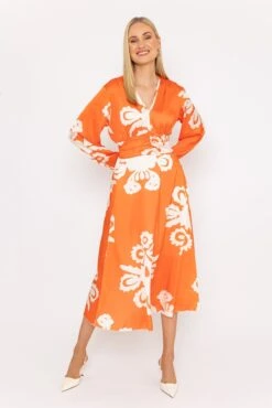Alina Midi Dress In Orange Print -Fashion Clothing Accessories Store carraig donn alina midi dress in orange print 166152