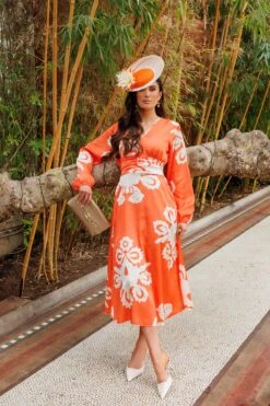 Alina Midi Dress In Orange Print -Fashion Clothing Accessories Store carraig donn alina midi dress in orange print 330064