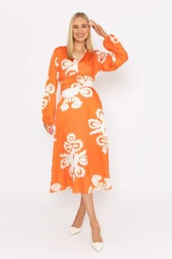 Alina Midi Dress In Orange Print -Fashion Clothing Accessories Store carraig donn alina midi dress in orange print 338587