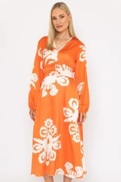 Alina Midi Dress In Orange Print -Fashion Clothing Accessories Store carraig donn alina midi dress in orange print 652842