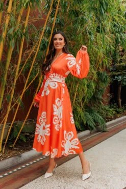 Alina Midi Dress In Orange Print -Fashion Clothing Accessories Store carraig donn alina midi dress in orange print 978803