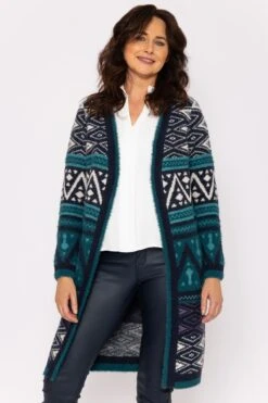 Aztec Longline Cardigan In Teal