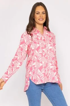 Blouse In Pink Geo Print -Fashion Clothing Accessories Store carraig donn blouse in pink geo print 699661