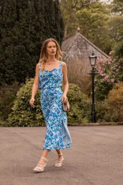 Blue Lurex Print Midi Skirt -Fashion Clothing Accessories Store carraig donn blue lurex print midi skirt 233274