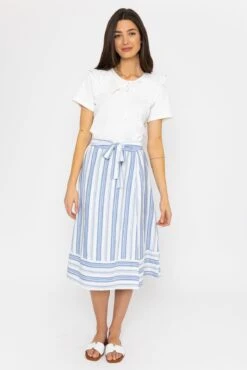 Blue Stripe Midi Skirt With Tie