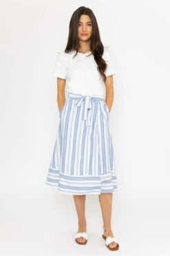 Blue Stripe Midi Skirt With Tie -Fashion Clothing Accessories Store carraig donn blue stripe midi skirt with tie 706502