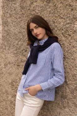 Blue Stripe Ruffle Shirt -Fashion Clothing Accessories Store carraig donn blue stripe ruffle shirt 330587