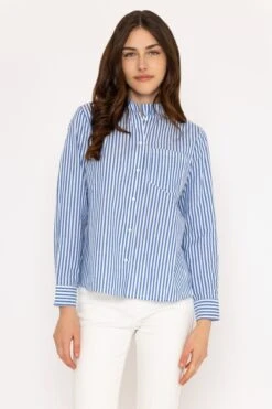 Blue Stripe Ruffle Shirt -Fashion Clothing Accessories Store carraig donn blue stripe ruffle shirt 540078