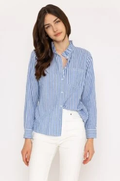 Blue Stripe Ruffle Shirt -Fashion Clothing Accessories Store carraig donn blue stripe ruffle shirt 802647