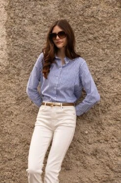 Blue Stripe Ruffle Shirt -Fashion Clothing Accessories Store carraig donn blue stripe ruffle shirt 913800