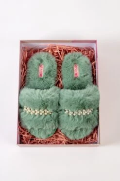 Boxed Embellished Slippers In Green -Fashion Clothing Accessories Store carraig donn boxed embellished slippers in green 949410