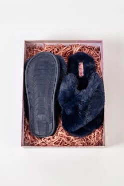 Boxed Navy Faux Fur Quilted Slippers -Fashion Clothing Accessories Store carraig donn boxed navy faux fur quilted slippers 695029