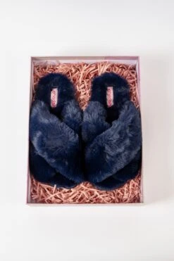 Boxed Navy Faux Fur Quilted Slippers -Fashion Clothing Accessories Store carraig donn boxed navy faux fur quilted slippers 805258