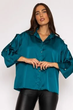Button Sleeve Blouse In Teal -Fashion Clothing Accessories Store carraig donn button sleeve blouse in teal 189461
