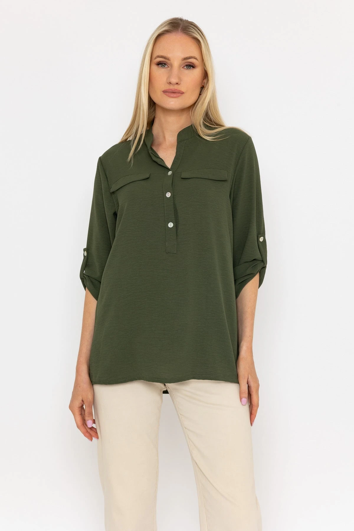 Collarless Shirt In Khaki 5 Collarless Shirt In Khaki - Image 3