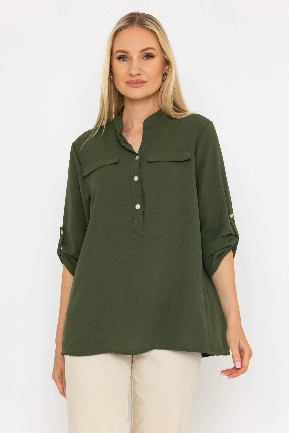 Collarless Shirt In Khaki 3 Collarless Shirt In Khaki
