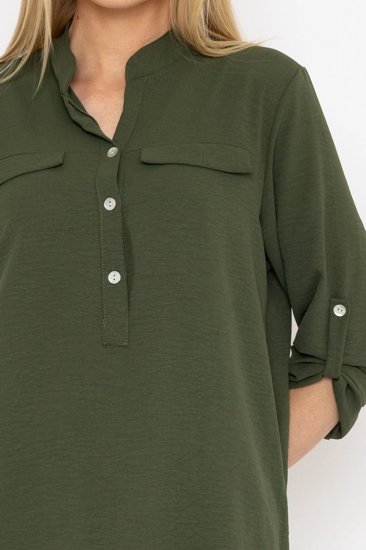 Collarless Shirt In Khaki 4 Collarless Shirt In Khaki - Image 2