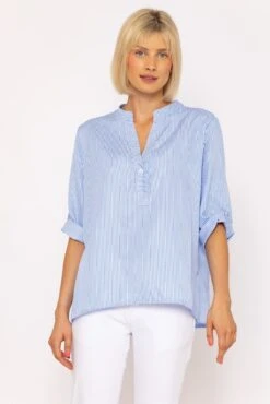 Collarless Stripe Shirt In Blue