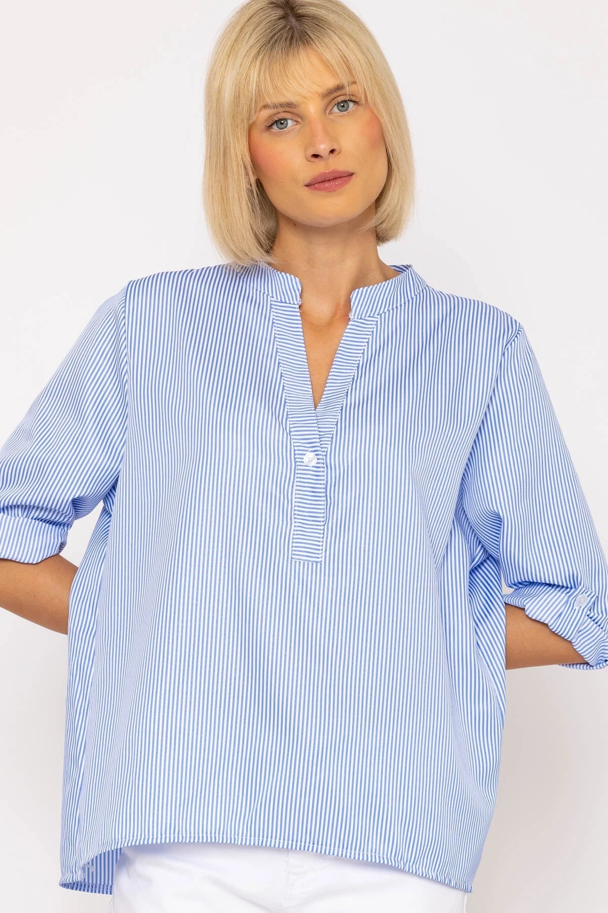 Collarless Stripe Shirt In Blue 6 Collarless Stripe Shirt In Blue - Image 4
