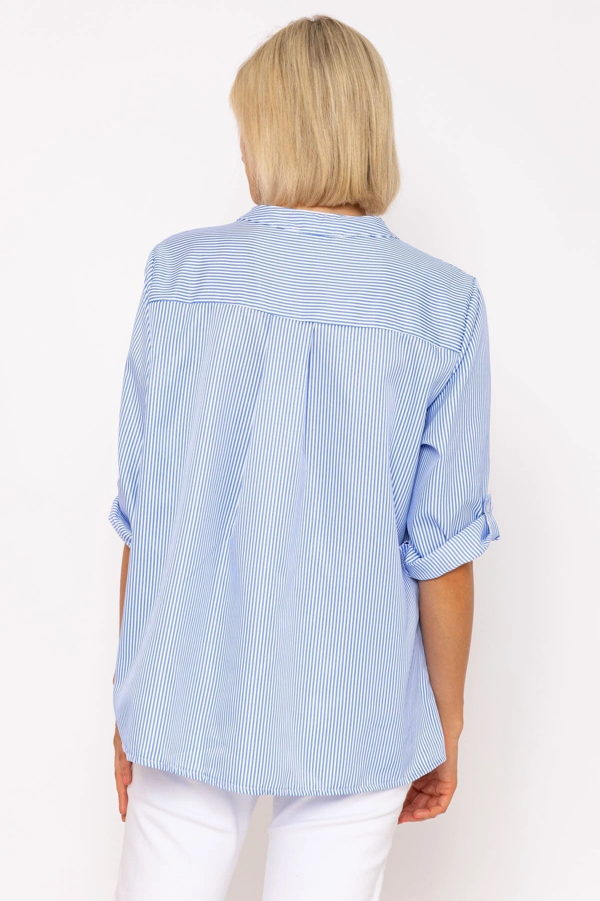 Collarless Stripe Shirt In Blue 7 Collarless Stripe Shirt In Blue - Image 5