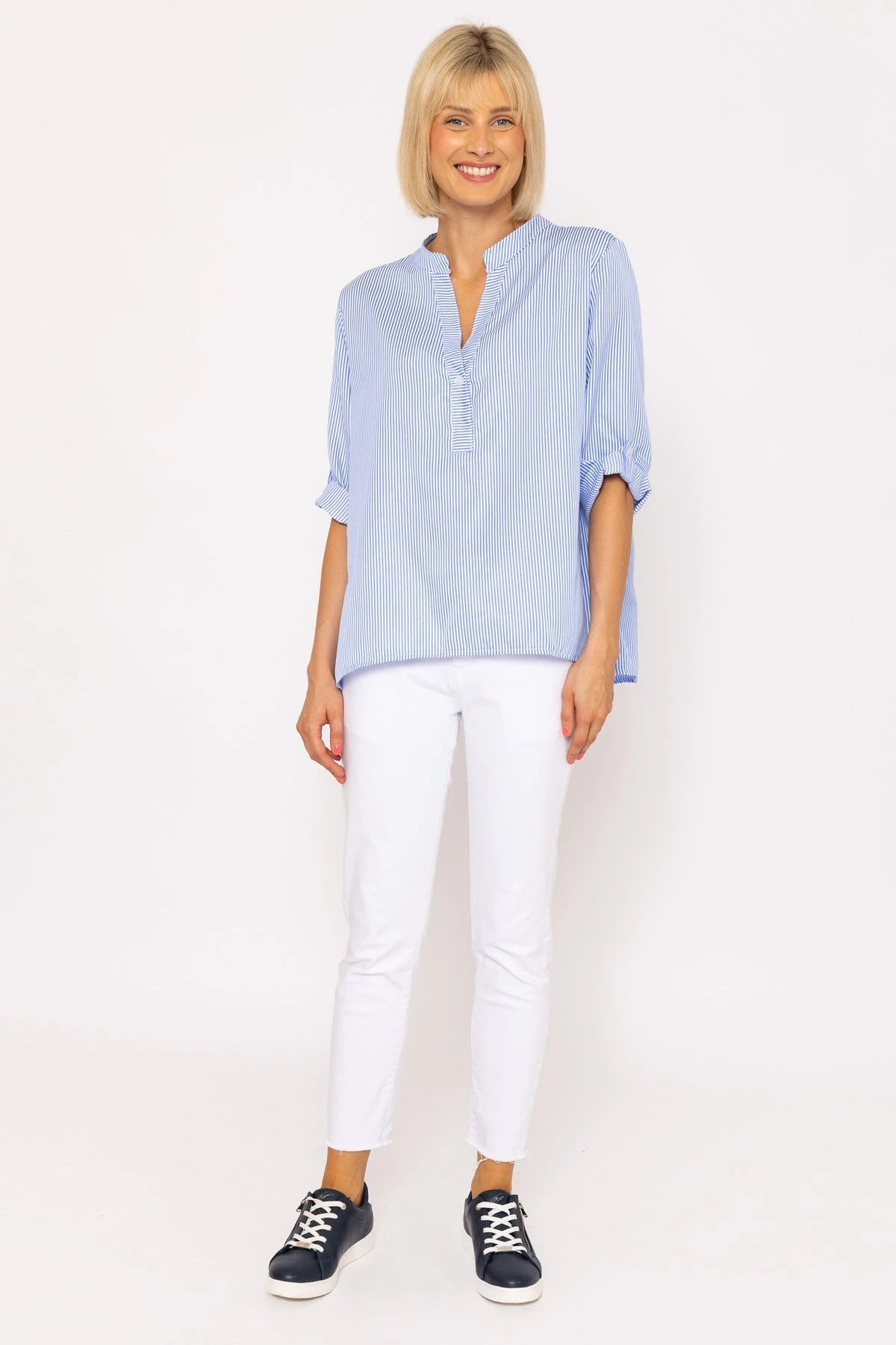 Collarless Stripe Shirt In Blue 4 Collarless Stripe Shirt In Blue - Image 2