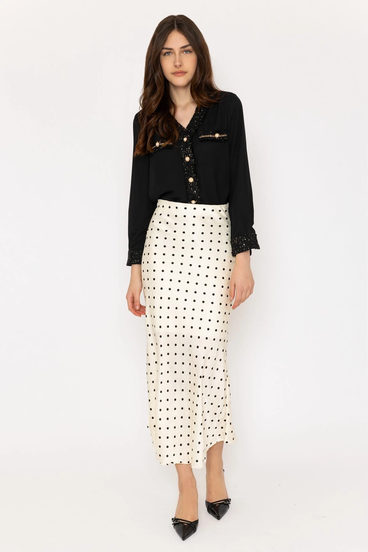 Cream Satin Polka Dot Midi Skirt 4 Cream Satin Polka Dot Midi Skirt - Image 2