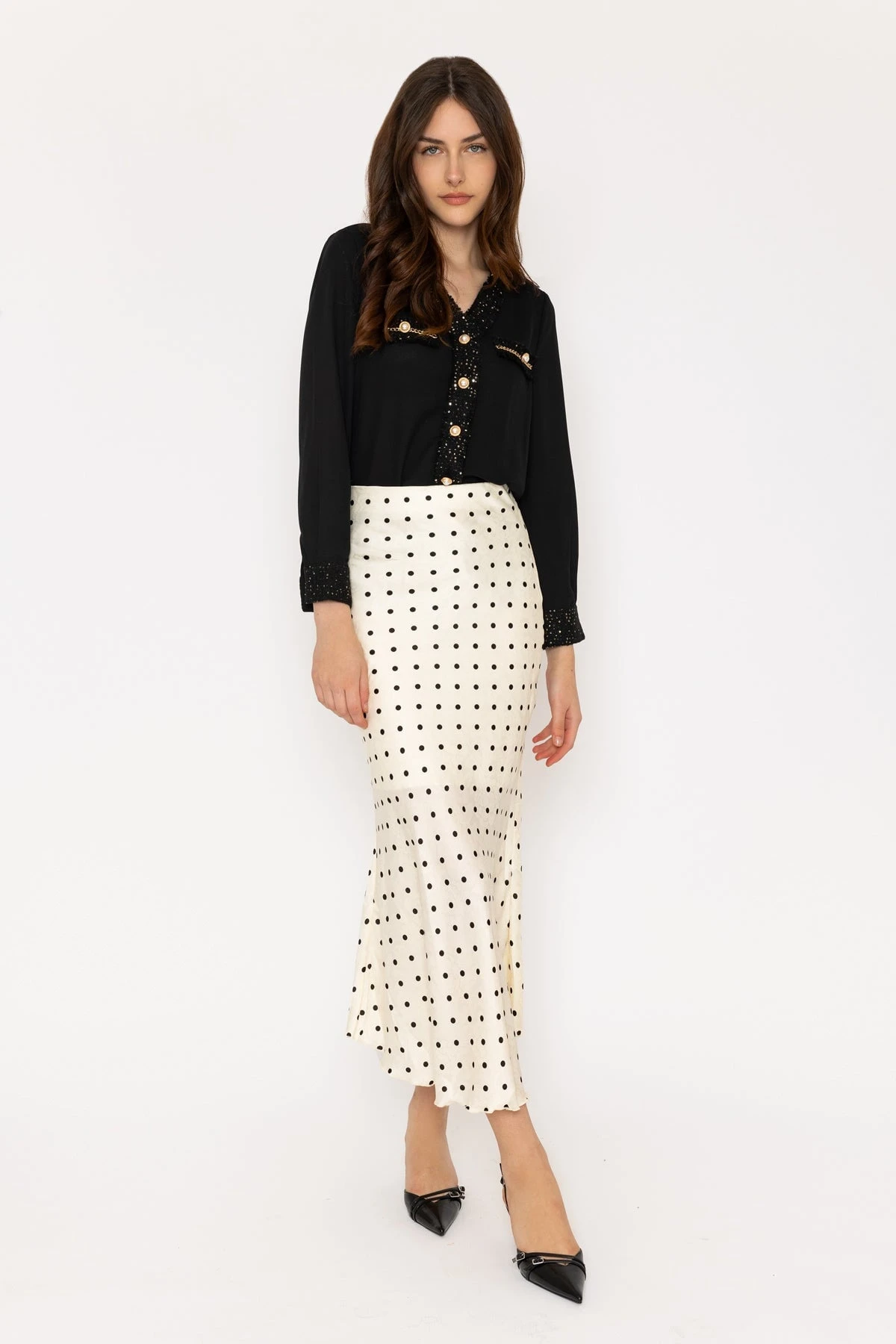 Cream Satin Polka Dot Midi Skirt 5 Cream Satin Polka Dot Midi Skirt - Image 3