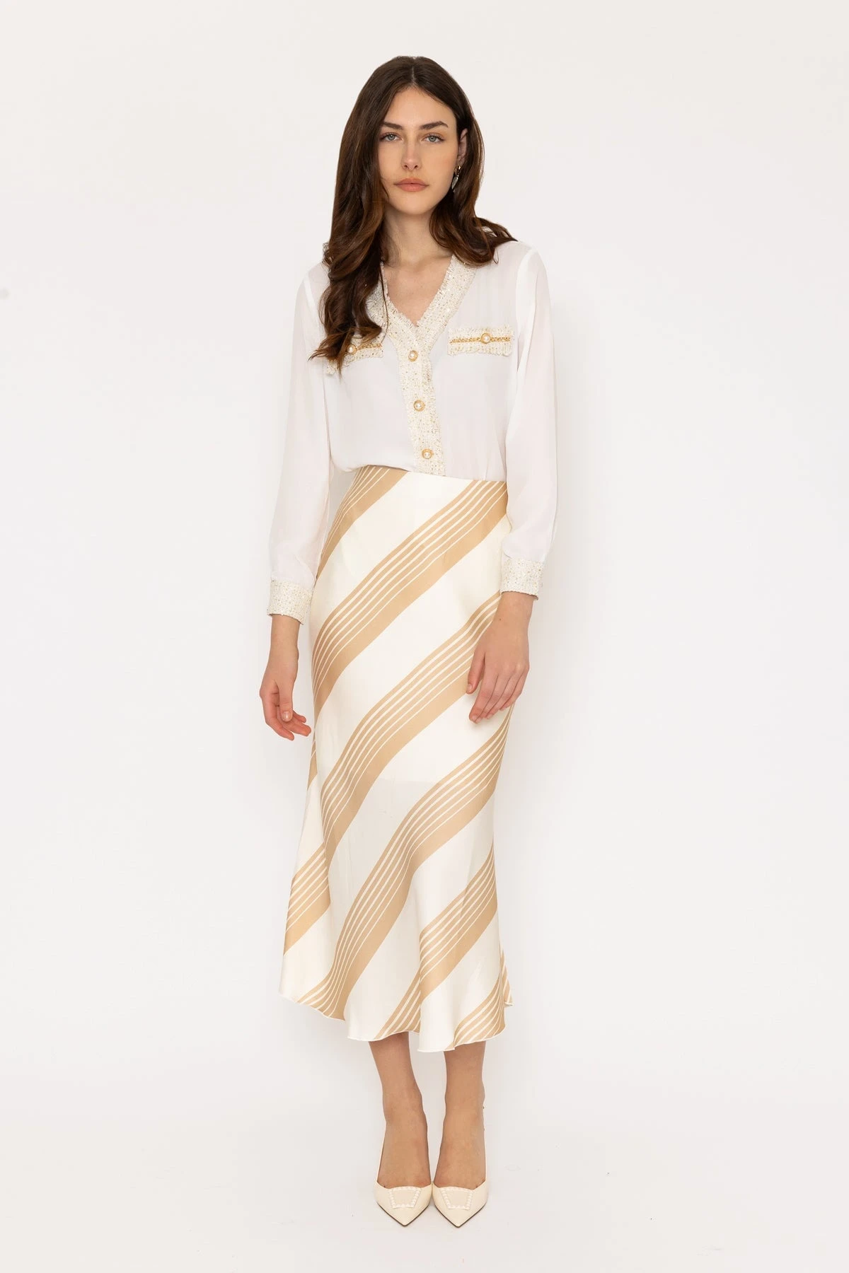 Cream Satin Stripe Midi Skirt 5 Cream Satin Stripe Midi Skirt - Image 3