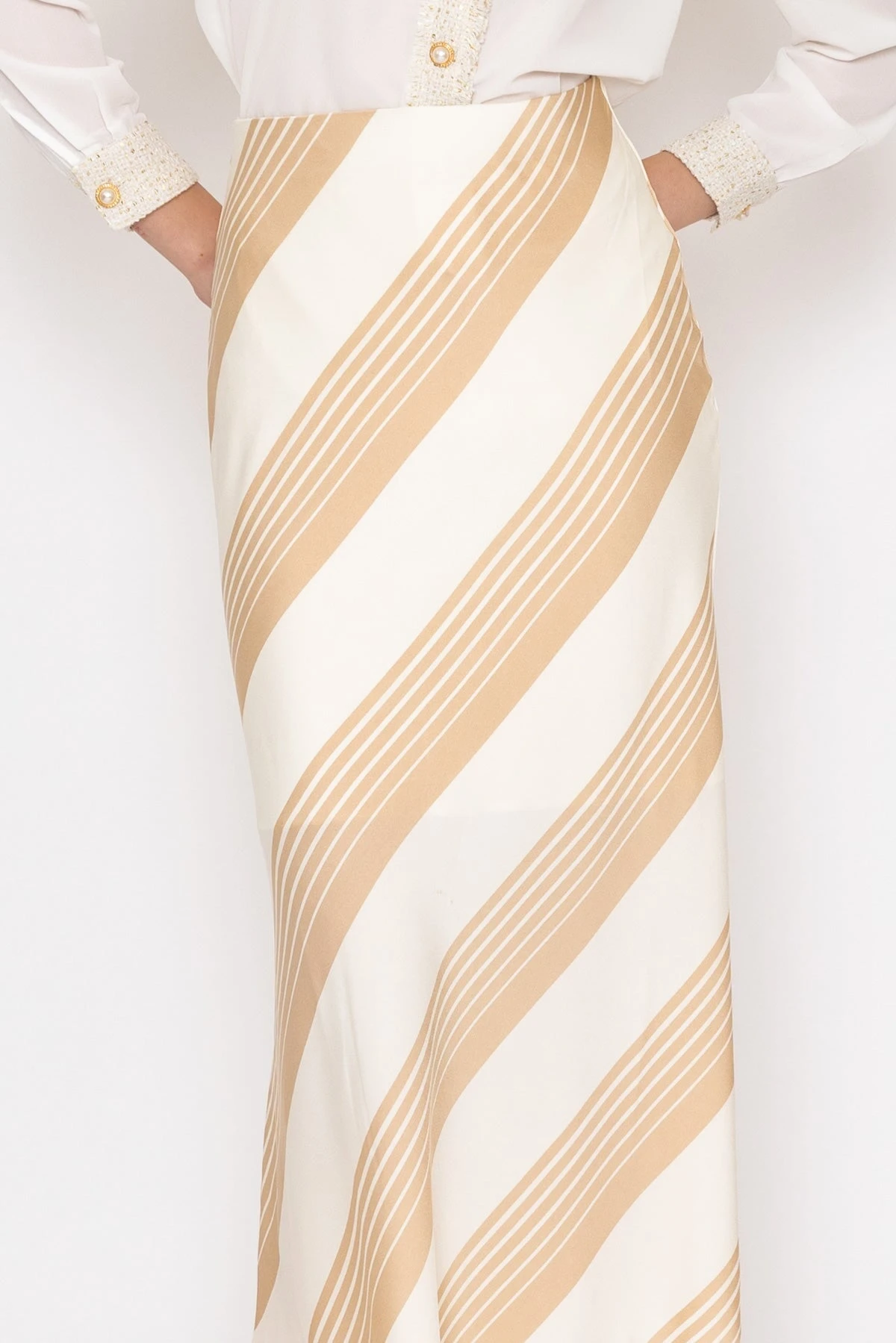 Cream Satin Stripe Midi Skirt 4 Cream Satin Stripe Midi Skirt - Image 2