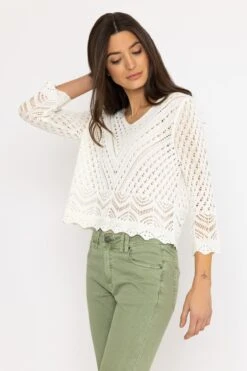 Crochet V-Neck Knit In Ecru -Fashion Clothing Accessories Store carraig donn crochet v neck knit in ecru 399752