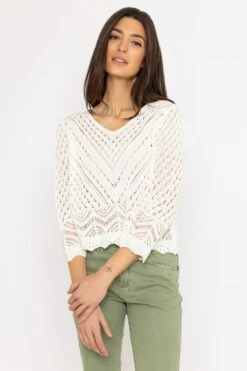Crochet V-Neck Knit In Ecru