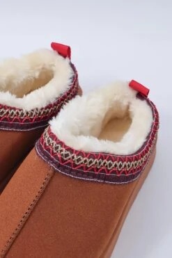 Faux Fur Cosy Slippers In Tan