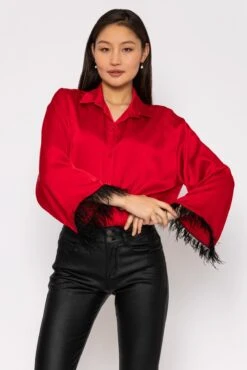 Feather Cuff Shirt In Red -Fashion Clothing Accessories Store carraig donn feather cuff shirt in red 717703