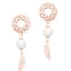 Feather & Pearl Boho Earrings In Rose Gold