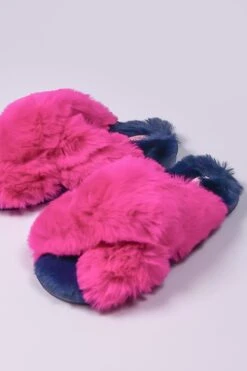 Fuschia Faux Fur Contrast Slippers -Fashion Clothing Accessories Store carraig donn fuschia faux fur contrast slippers 375465