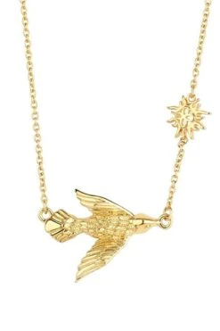 Gold Plated Necklace With Bird And Sun Charm