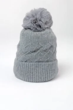 Grey Cable Knit Beanie With Pom