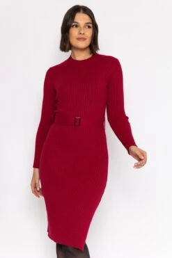 High Neck Knit Dress In Dark Red -Fashion Clothing Accessories Store carraig donn high neck knit dress in dark red 638604