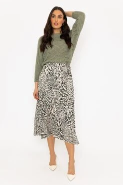 Khaki Animal Print Pleated Skirt -Fashion Clothing Accessories Store carraig donn khaki animal print pleated skirt 465726