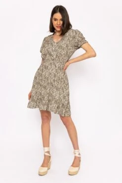 Kimberley Short Dress In Khaki Floral Print -Fashion Clothing Accessories Store carraig donn kimberley short dress in khaki floral print 928329