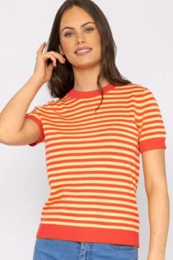 Merino Stripe Crew In Coral -Fashion Clothing Accessories Store carraig donn merino stripe crew in coral 216184