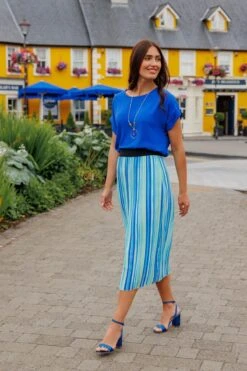 Midi Pleated Skirt In Blue Print -Fashion Clothing Accessories Store carraig donn midi pleated skirt in blue print 470797