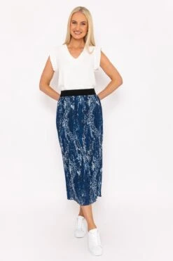 Midi Pleated Skirt In Navy Print -Fashion Clothing Accessories Store carraig donn midi pleated skirt in navy print 236046