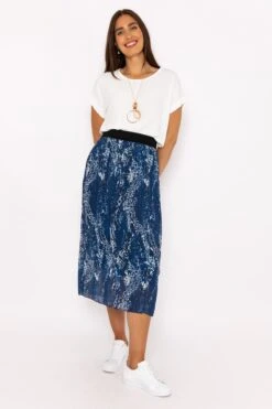 Midi Pleated Skirt In Navy Print -Fashion Clothing Accessories Store carraig donn midi pleated skirt in navy print 260408