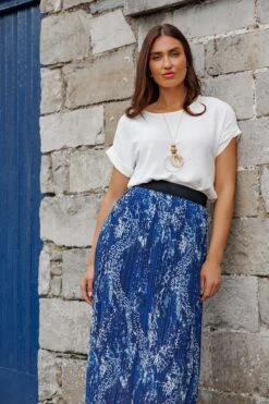 Midi Pleated Skirt In Navy Print -Fashion Clothing Accessories Store carraig donn midi pleated skirt in navy print 374327
