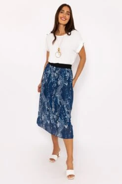 Midi Pleated Skirt In Navy Print -Fashion Clothing Accessories Store carraig donn midi pleated skirt in navy print 676777
