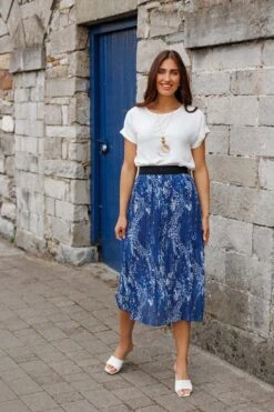 Midi Pleated Skirt In Navy Print -Fashion Clothing Accessories Store carraig donn midi pleated skirt in navy print 737428