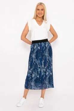 Midi Pleated Skirt In Navy Print