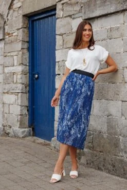 Midi Pleated Skirt In Navy Print -Fashion Clothing Accessories Store carraig donn midi pleated skirt in navy print 983947